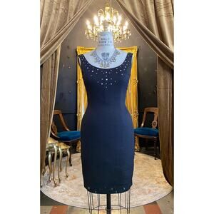 Vintage 1950s black waffle cotton wiggle dress 50s fashion rhinestone Jewel 28 m